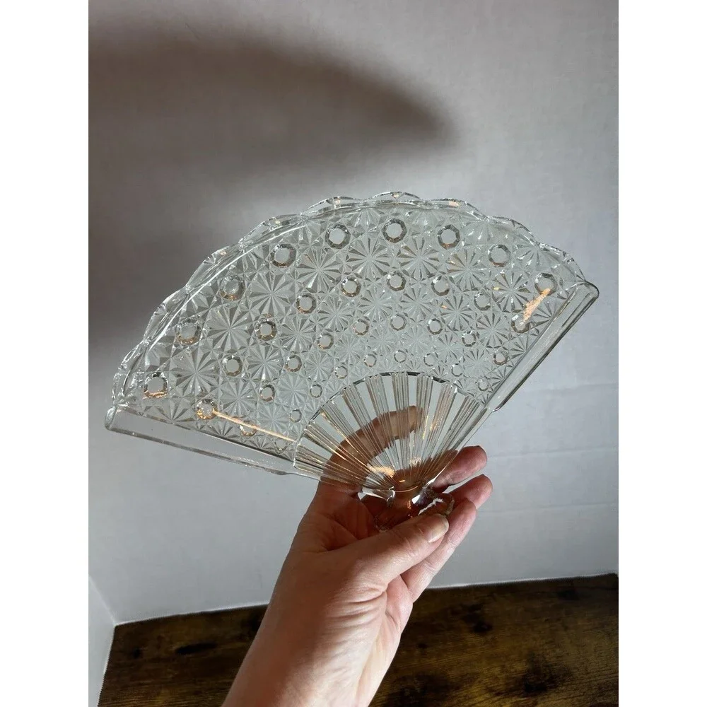Vintage Pressed Glass Fan Shaped Serving Tray Crystal Starburst Vanity Decor Art